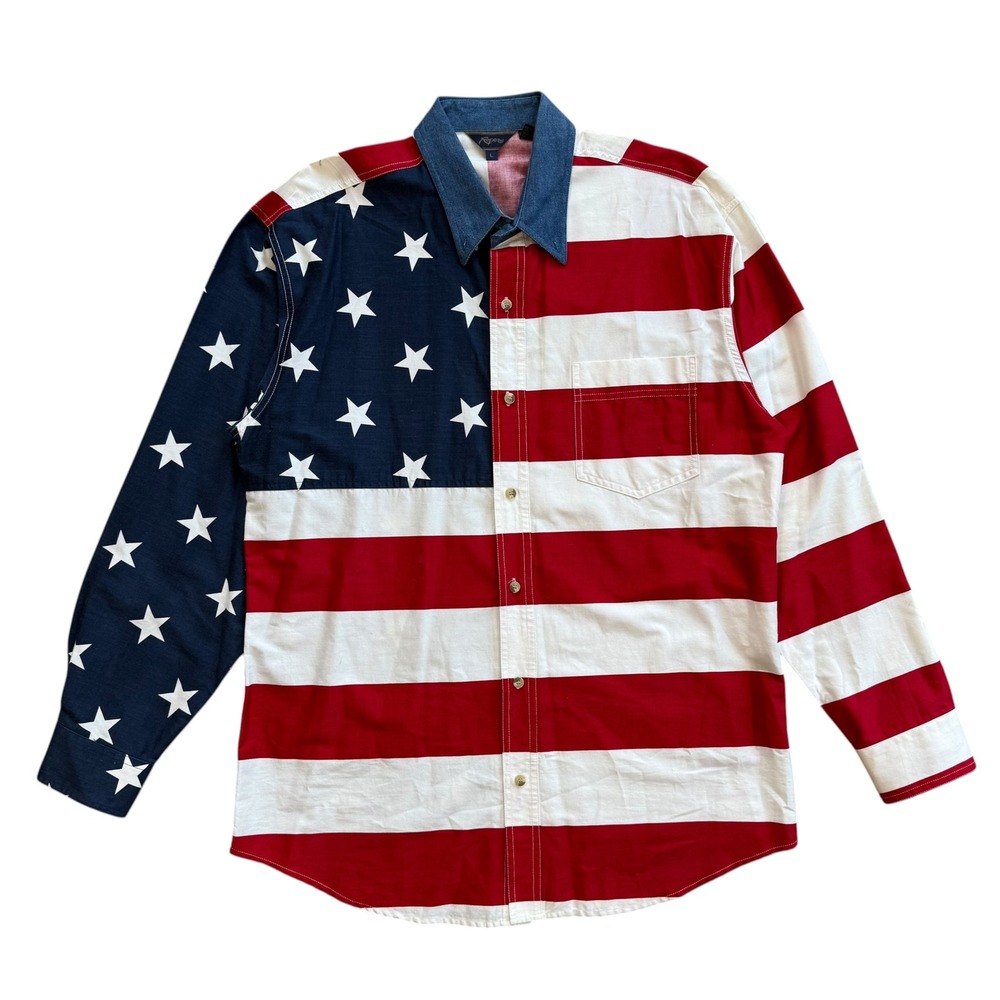 Roper Mens American Flag Button Down Shirt Large Red White Blue Denim Collar L
